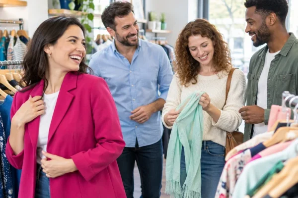 שתי נשים ושני גברים בוגרים בוחרים בגדים יחד בחנות מוארת וצוחקים בטבעיות